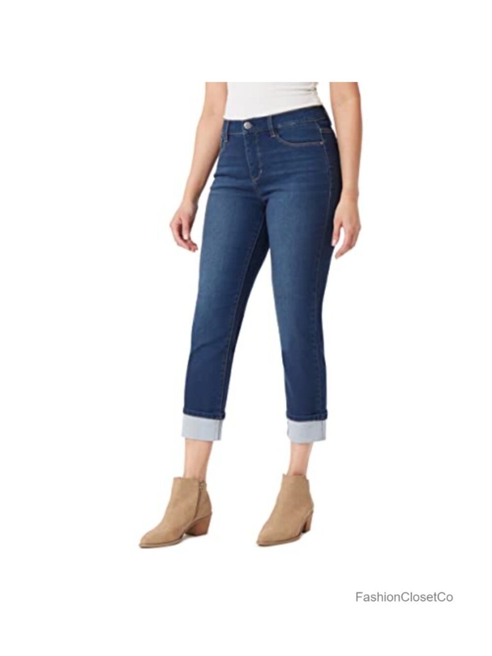 High-Rise Ankle Jeans with Roll Cuff - Straight Leg Stretch Cotton Blend, 26"